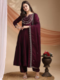 Dwija Fashion Anarkali Kurta Vichitra Silk Embroidered Wine Color Kurti With Pant And Dupatta | Grocsy