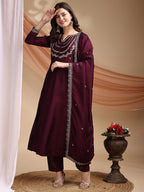 Dwija Fashion Anarkali Kurta Vichitra Silk Embroidered Wine Color Kurti With Pant And Dupatta | Grocsy