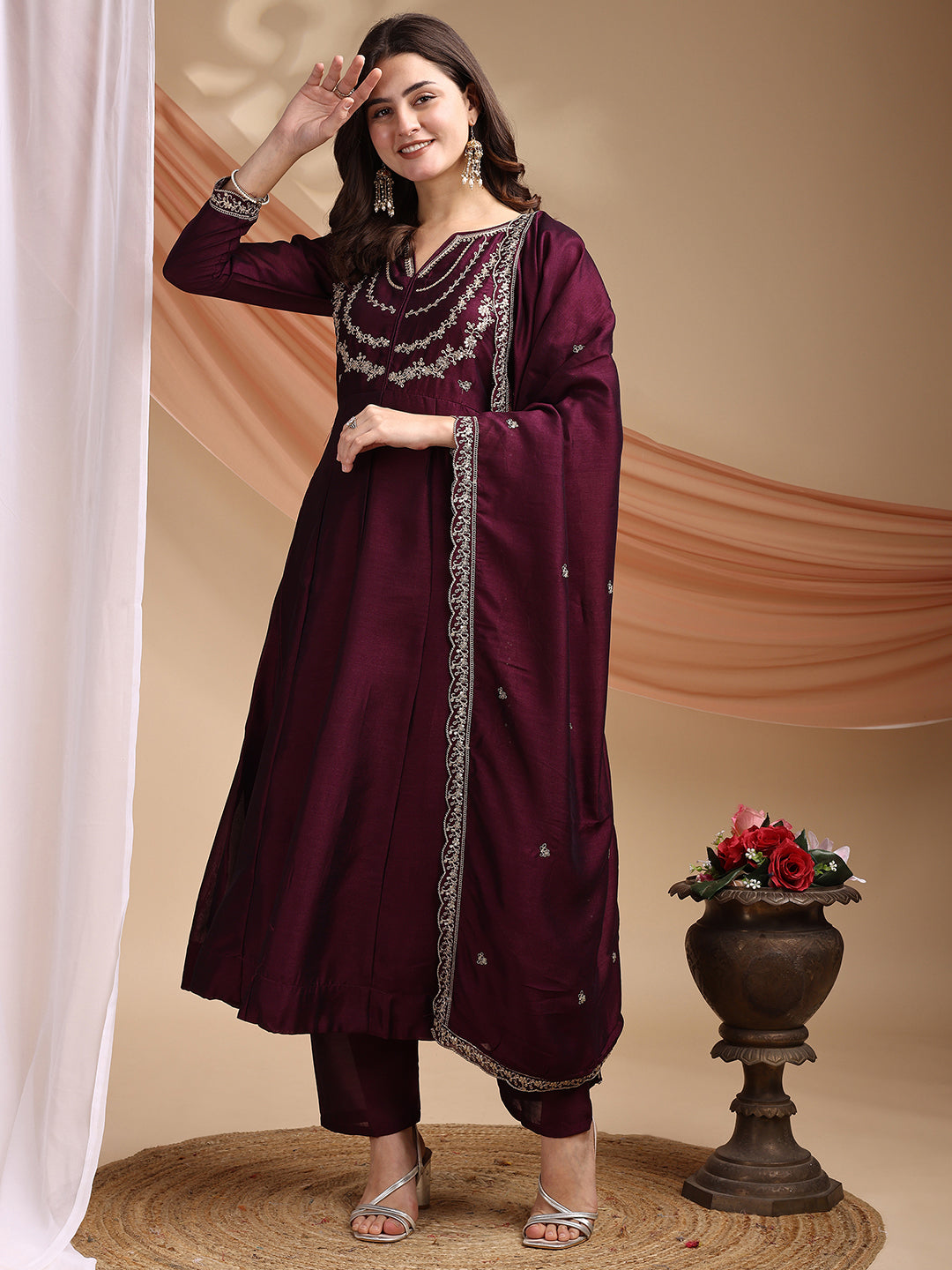 Dwija Fashion Anarkali Kurta Vichitra Silk Embroidered Wine Color Kurti With Pant And Dupatta | Grocsy