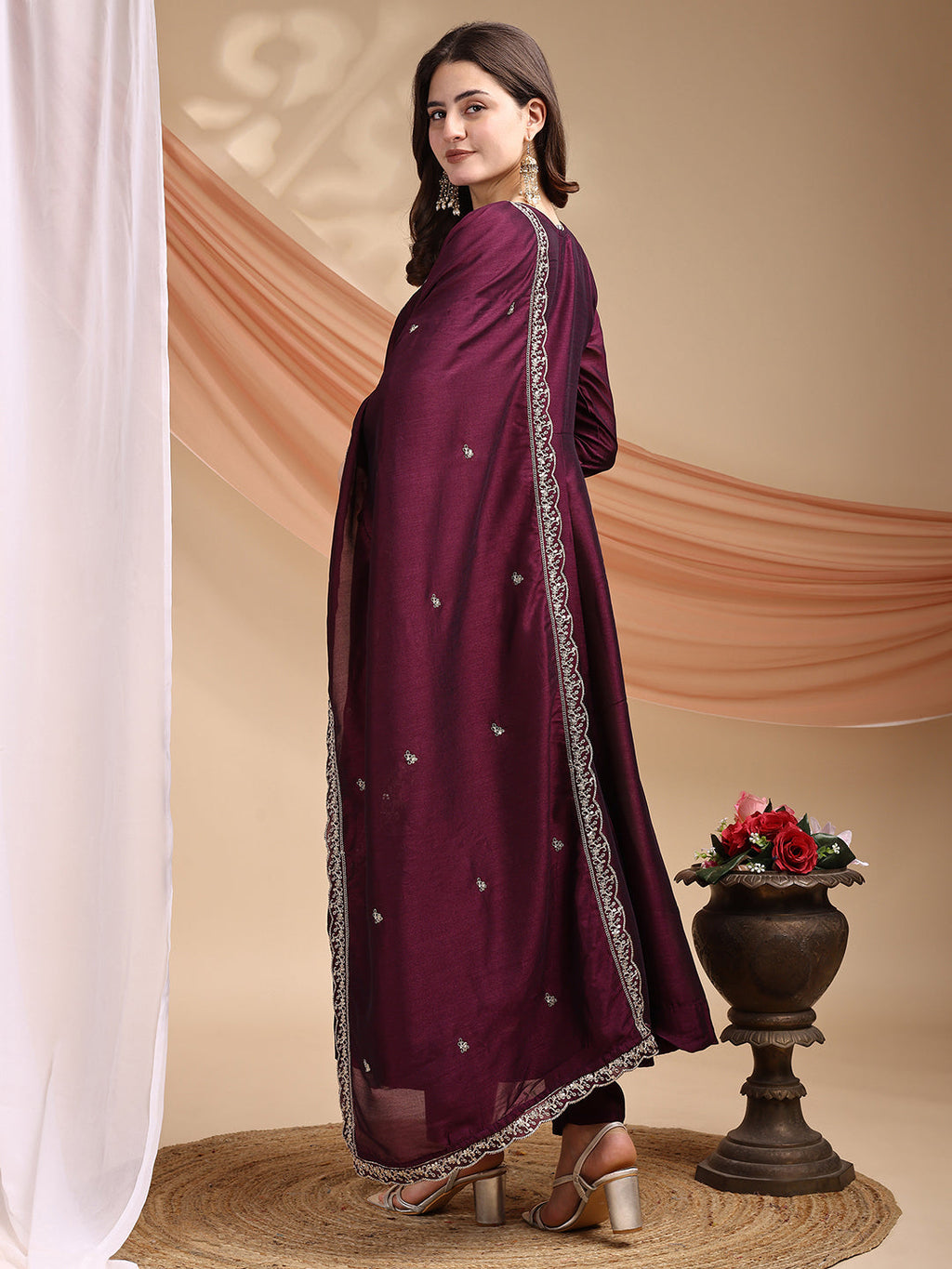 Dwija Fashion Anarkali Kurta Vichitra Silk Embroidered Wine Color Kurti With Pant And Dupatta | Grocsy