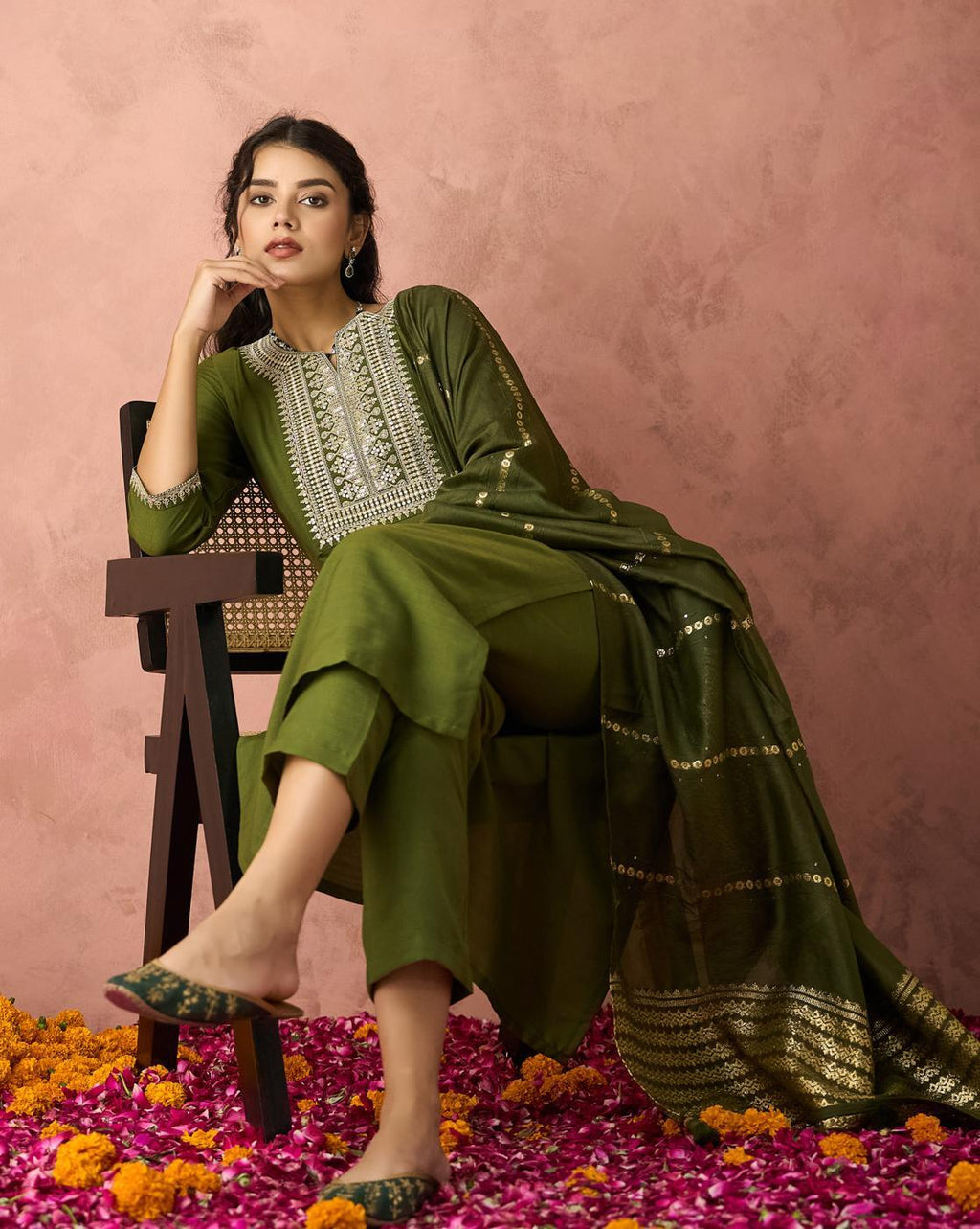 Dwija Fashion A-Line Kurti Parampara Silk Embroidered Green Color Kurti With Pant And Dupatta | Grocsy