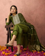 Dwija Fashion A-Line Kurti Parampara Silk Embroidered Green Color Kurti With Pant And Dupatta | Grocsy