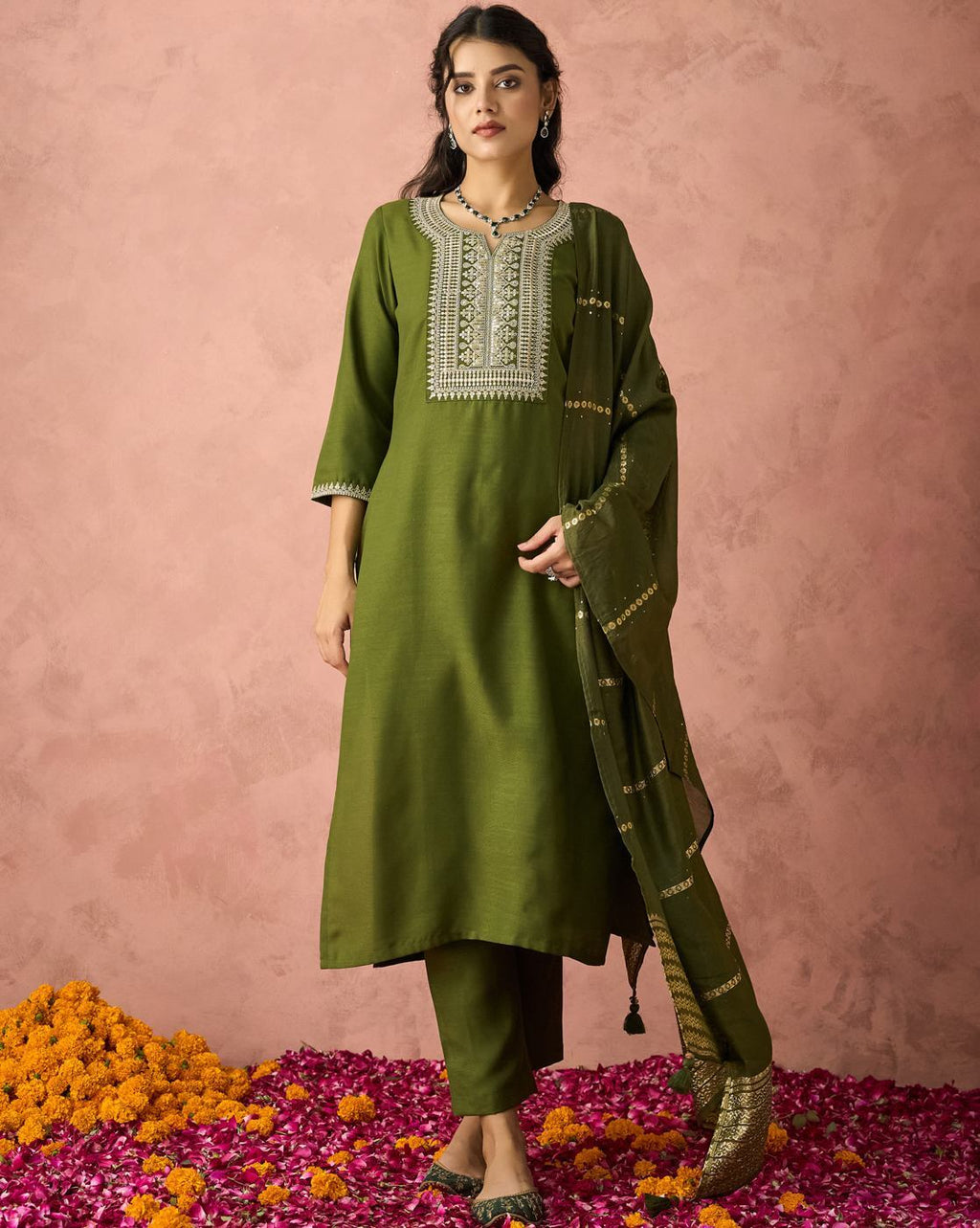 Dwija Fashion A-Line Kurti Parampara Silk Embroidered Green Color Kurti With Pant And Dupatta | Grocsy