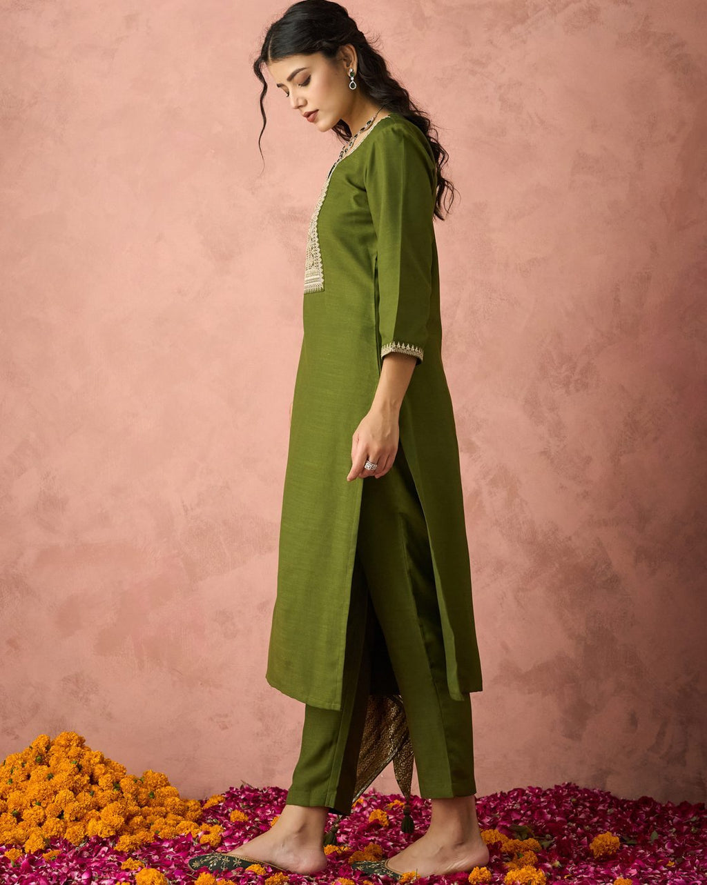 Dwija Fashion A-Line Kurti Parampara Silk Embroidered Green Color Kurti With Pant And Dupatta | Grocsy