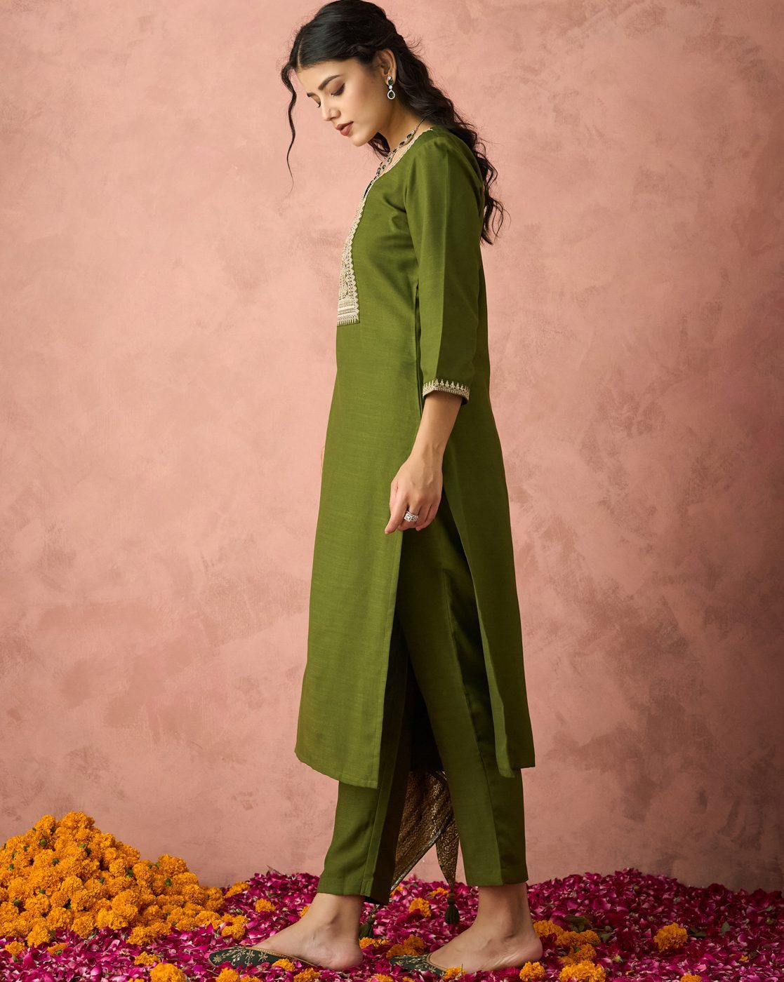 Dwija Fashion A-Line Kurti Parampara Silk Embroidered Green Color Kurti With Pant And Dupatta | Grocsy