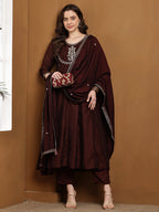 Dwija Fashion Anarkali Kurti Vichitra Silk Embroidered Brown Color Kurti With Pant And Dupatta | Grocsy