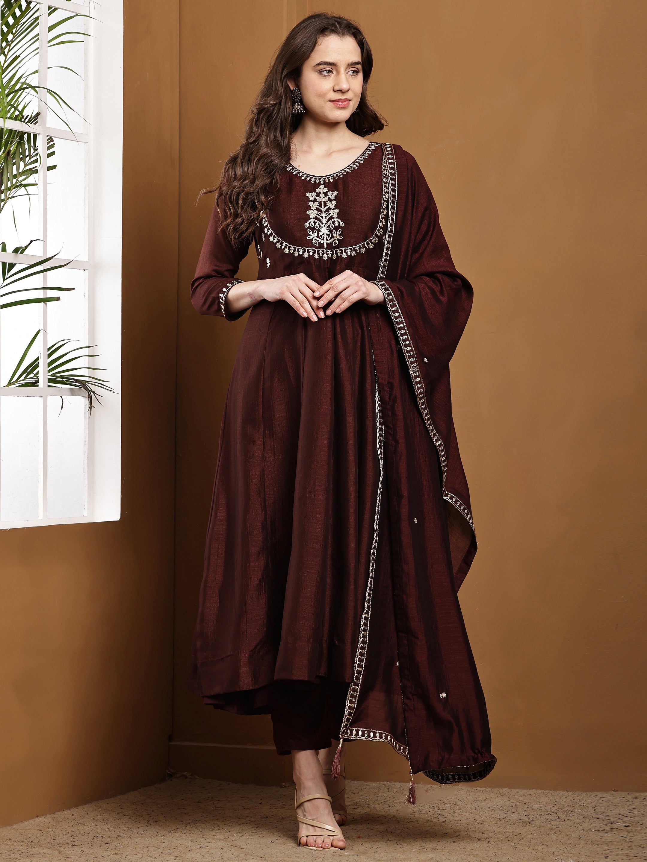 Dwija Fashion Anarkali Kurti Vichitra Silk Embroidered Brown Color Kurti With Pant And Dupatta | Grocsy