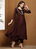 Dwija Fashion Anarkali Kurti Vichitra Silk Embroidered Brown Color Kurti With Pant And Dupatta | Grocsy