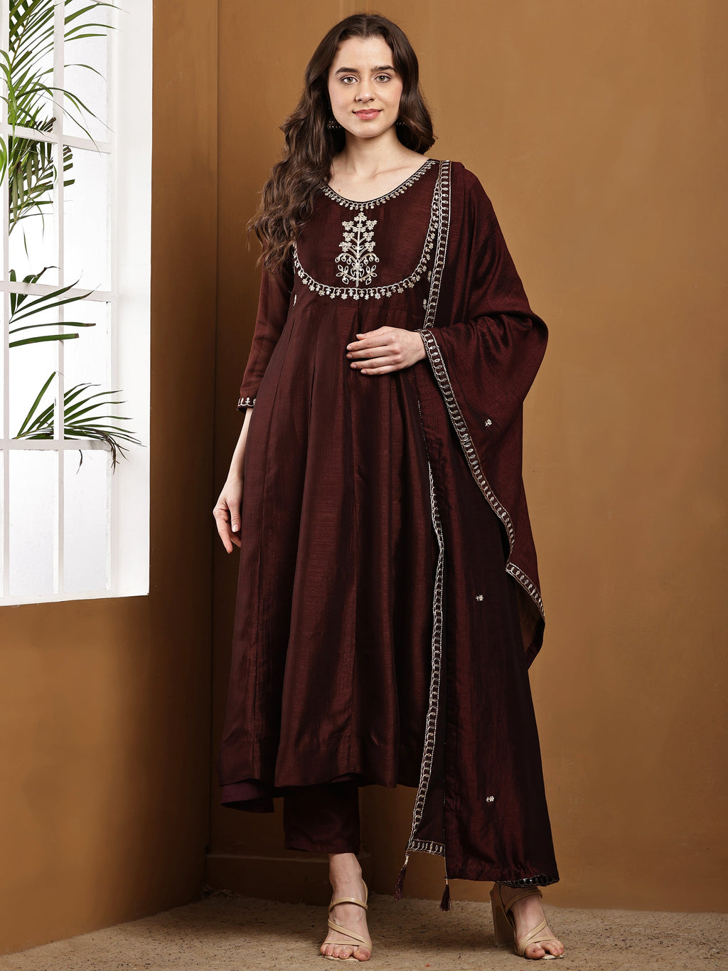 Dwija Fashion Anarkali Kurti Vichitra Silk Embroidered Brown Color Kurti With Pant And Dupatta | Grocsy