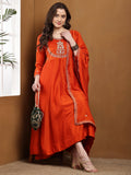 Dwija Fashion Anarkali Kurti Vichitra Silk Embroidered Rust Orange Color Kurti With Pant And Dupatta | Grocsy