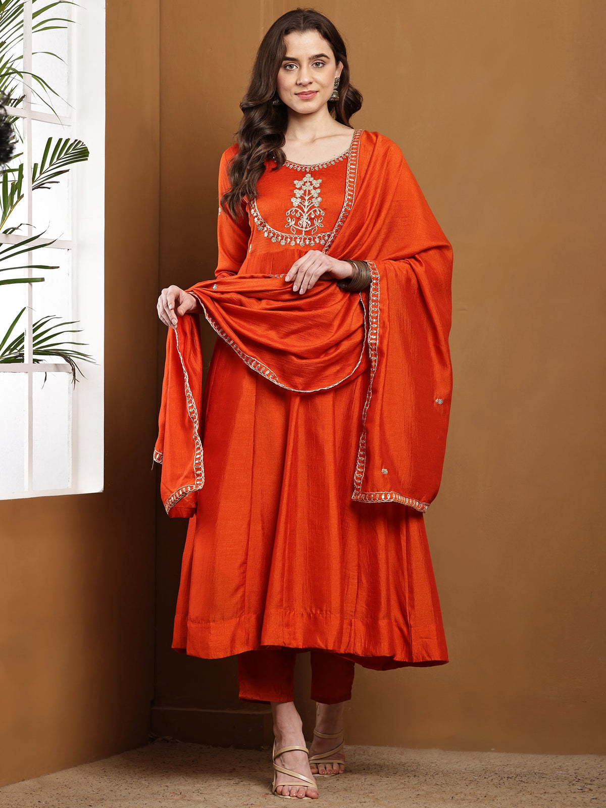 Dwija Fashion Anarkali Kurti Vichitra Silk Embroidered Rust Orange Color Kurti With Pant And Dupatta | Grocsy