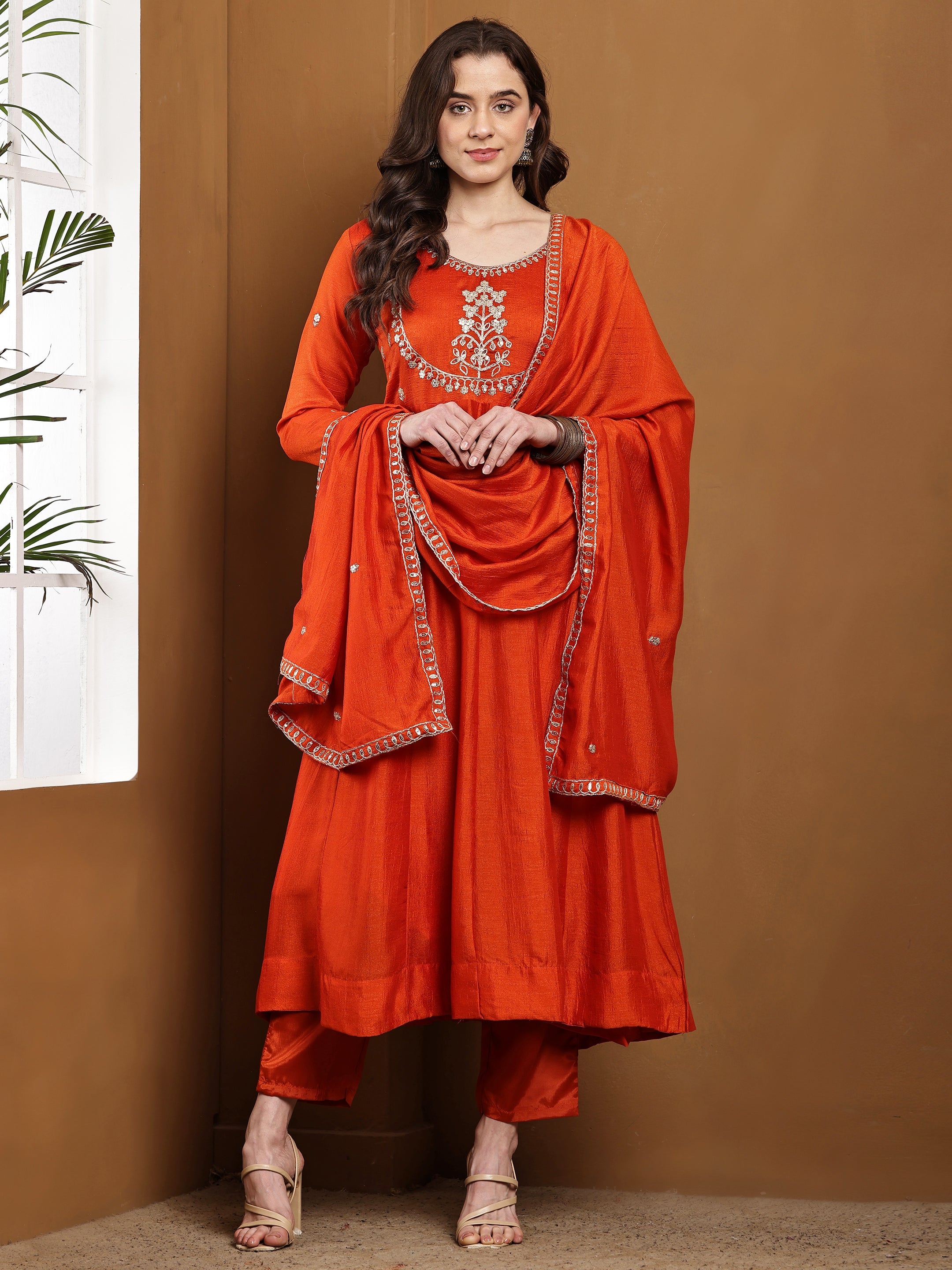 Dwija Fashion Anarkali Kurti Vichitra Silk Embroidered Rust Orange Color Kurti With Pant And Dupatta | Grocsy