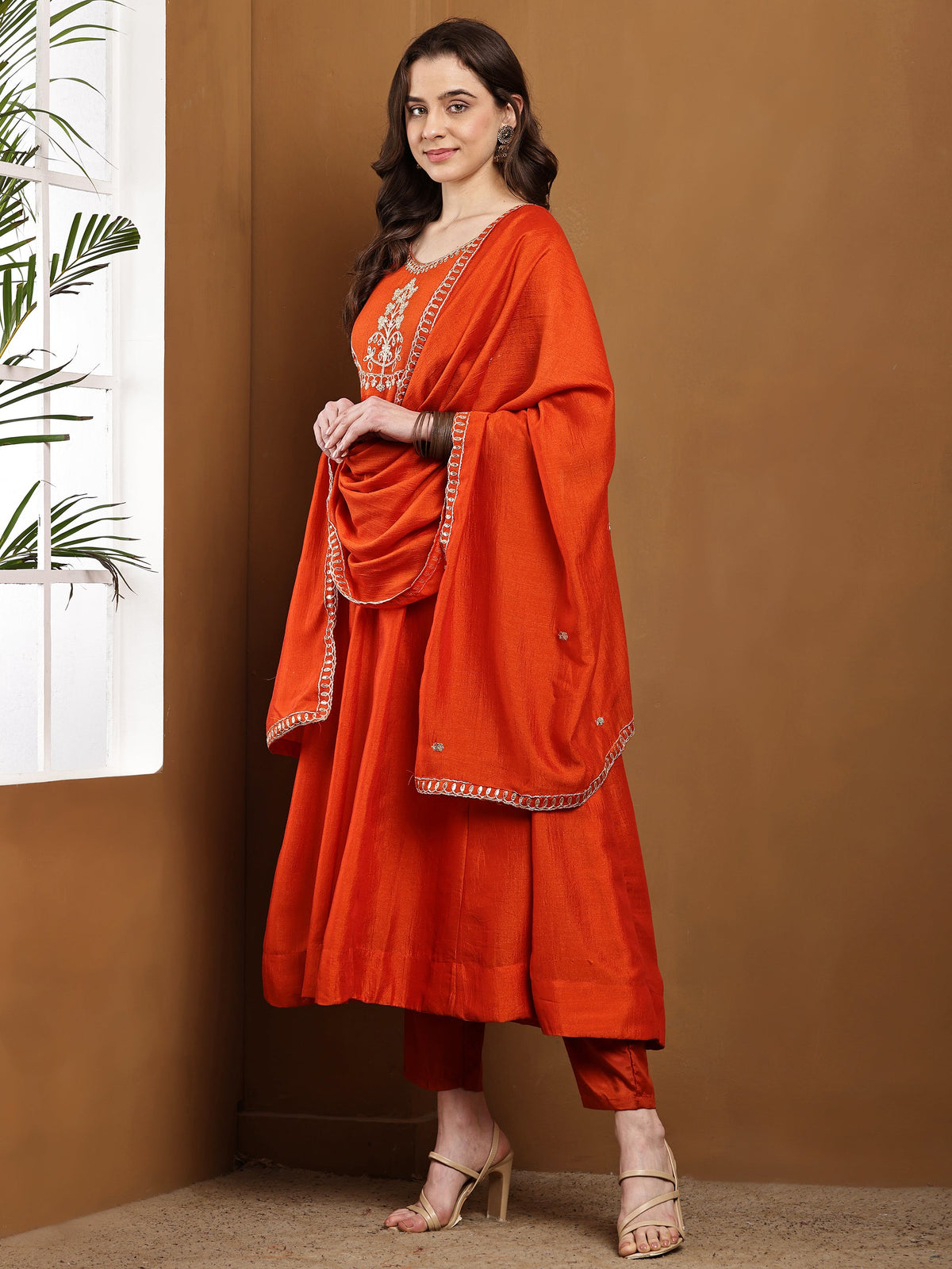 Dwija Fashion Anarkali Kurti Vichitra Silk Embroidered Rust Orange Color Kurti With Pant And Dupatta | Grocsy