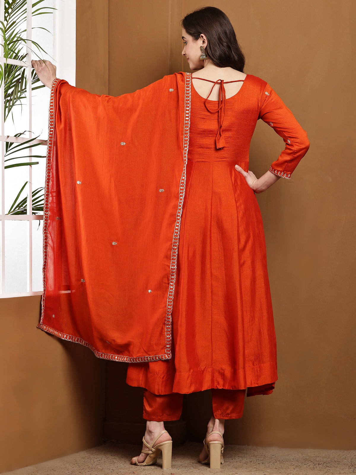 Dwija Fashion Anarkali Kurti Vichitra Silk Embroidered Rust Orange Color Kurti With Pant And Dupatta | Grocsy