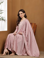 Dwija Fashion Anarkali Kurti Vichitra Silk Embroidered Pink Color Kurti With Pant And Dupatta | Grocsy