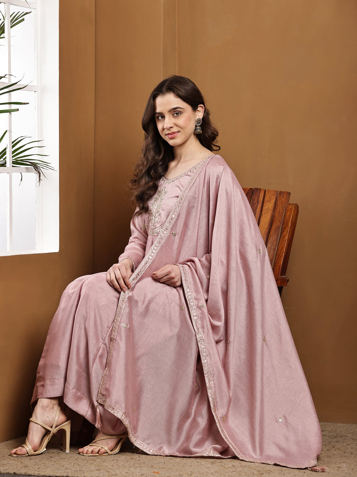 Dwija Fashion Anarkali Kurti Vichitra Silk Embroidered Pink Color Kurti With Pant And Dupatta | Grocsy