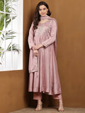 Dwija Fashion Anarkali Kurti Vichitra Silk Embroidered Pink Color Kurti With Pant And Dupatta | Grocsy