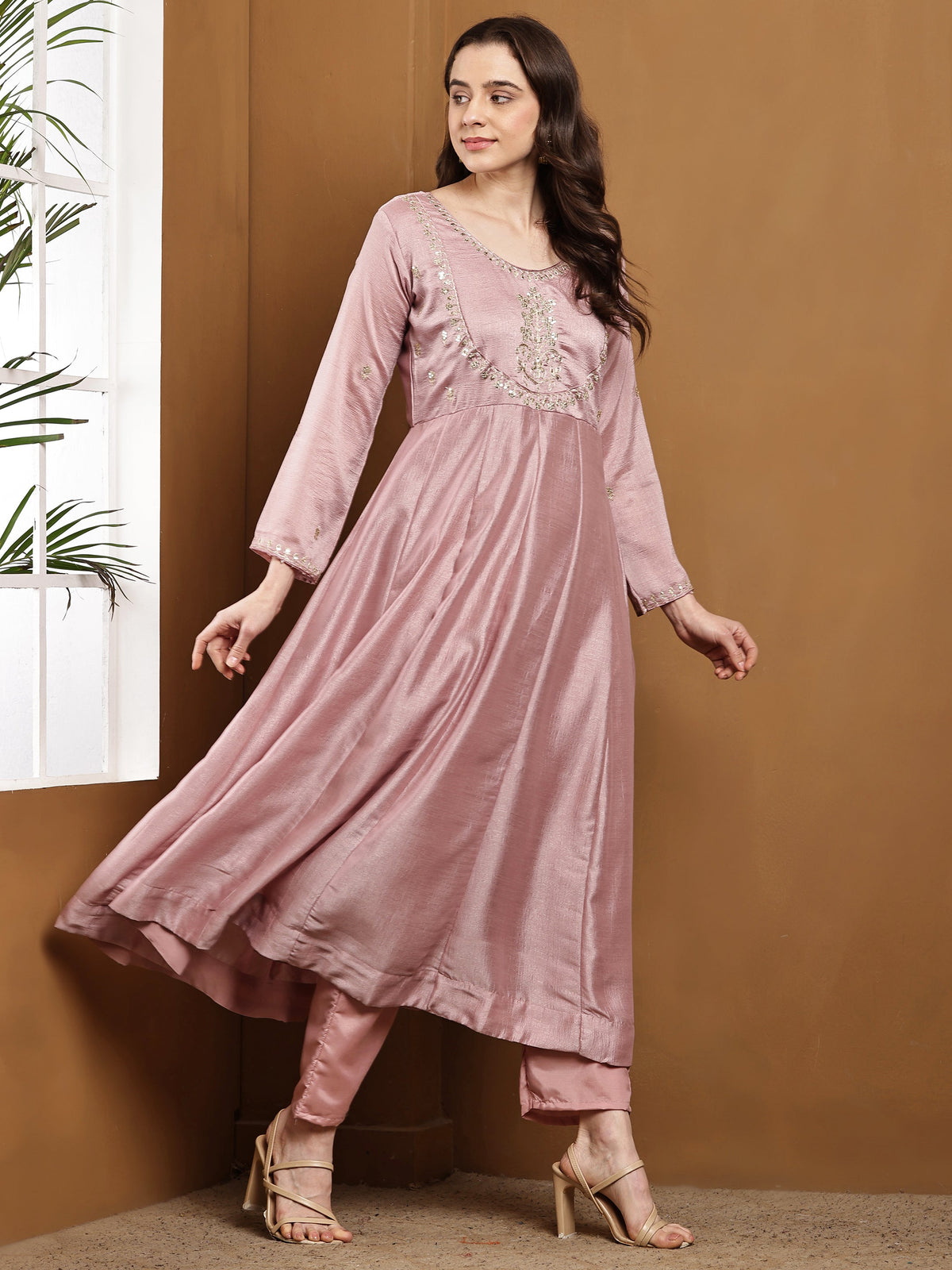 Dwija Fashion Anarkali Kurti Vichitra Silk Embroidered Pink Color Kurti With Pant And Dupatta | Grocsy