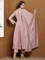 Dwija Fashion Anarkali Kurti Vichitra Silk Embroidered Pink Color Kurti With Pant And Dupatta | Grocsy