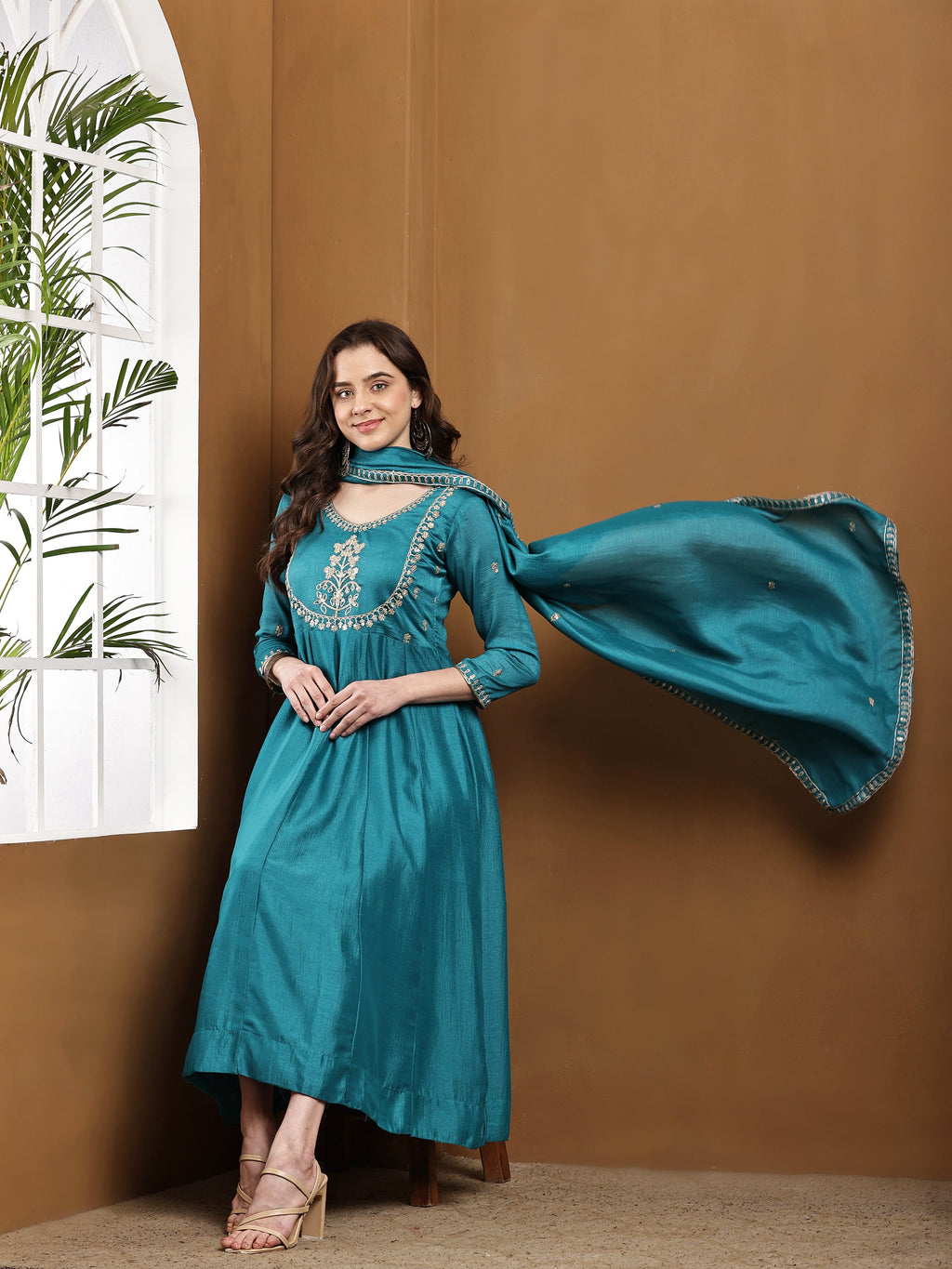 Dwija Fashion Anarkali Kurti Vichitra Silk Embroidered Teal Blue Color Kurti With Pant And Dupatta | Grocsy