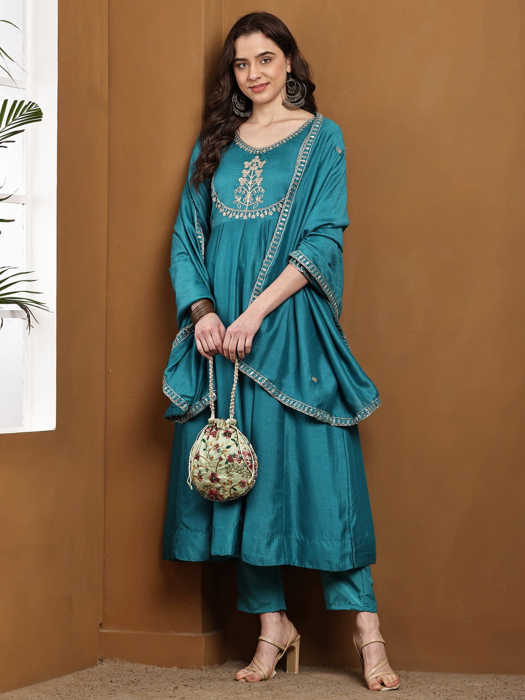 Dwija Fashion Anarkali Kurti Vichitra Silk Embroidered Teal Blue Color Kurti With Pant And Dupatta | Grocsy
