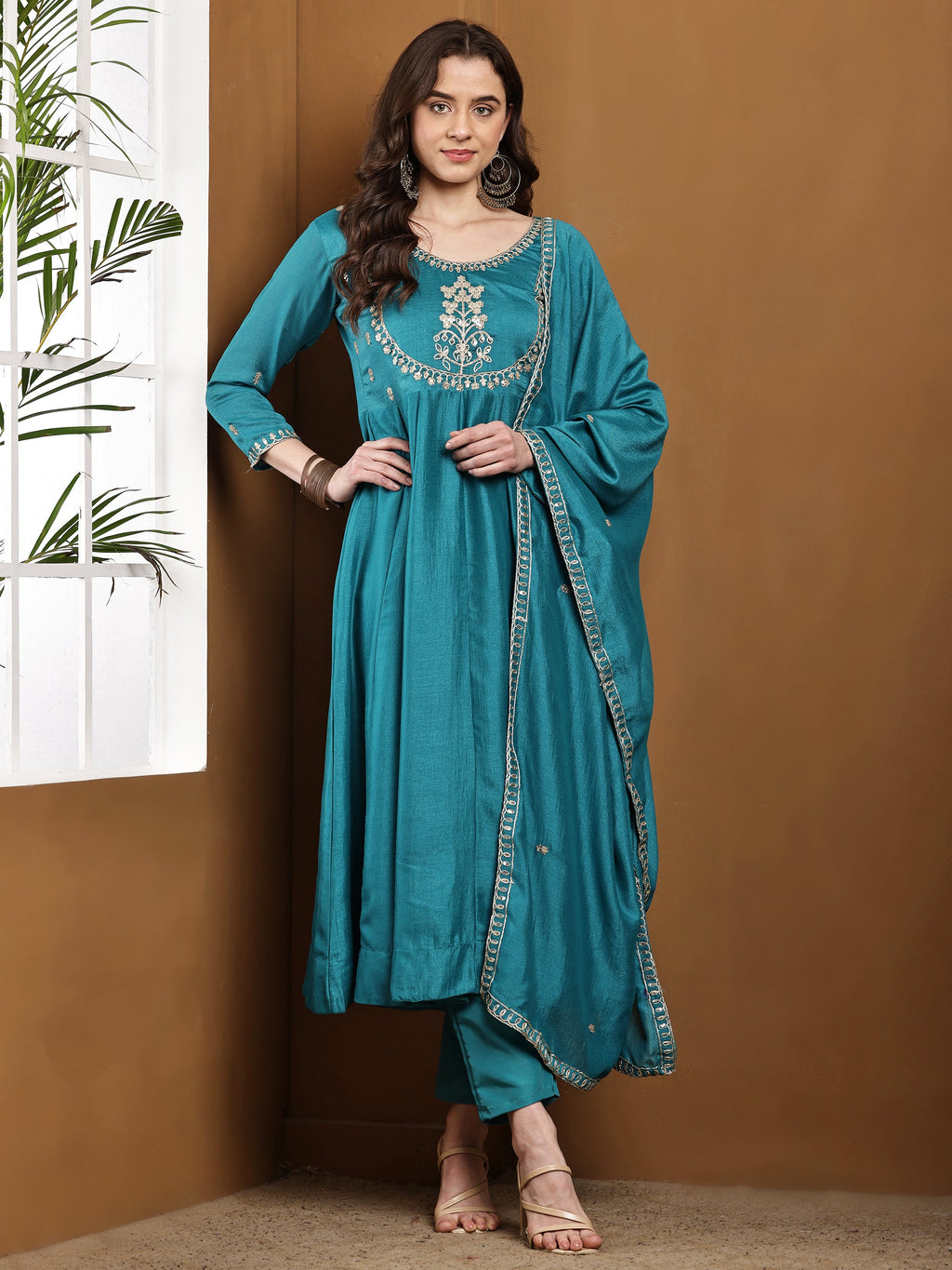 Dwija Fashion Anarkali Kurti Vichitra Silk Embroidered Teal Blue Color Kurti With Pant And Dupatta | Grocsy
