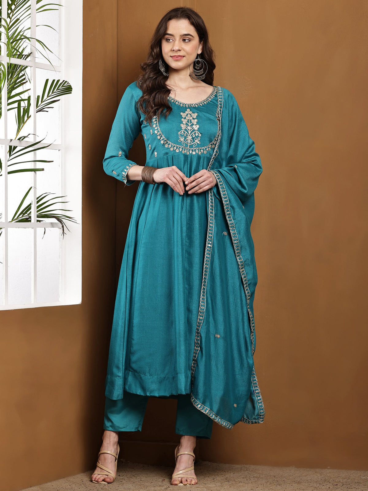 Dwija Fashion Anarkali Kurti Vichitra Silk Embroidered Teal Blue Color Kurti With Pant And Dupatta | Grocsy