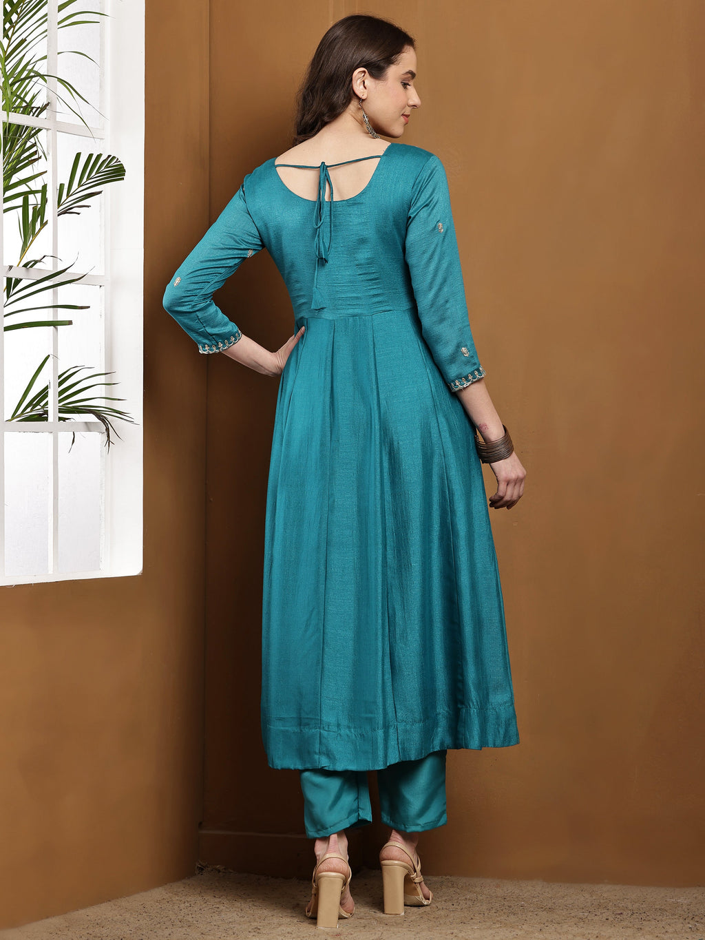 Dwija Fashion Anarkali Kurti Vichitra Silk Embroidered Teal Blue Color Kurti With Pant And Dupatta | Grocsy
