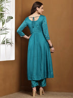 Dwija Fashion Anarkali Kurti Vichitra Silk Embroidered Teal Blue Color Kurti With Pant And Dupatta | Grocsy