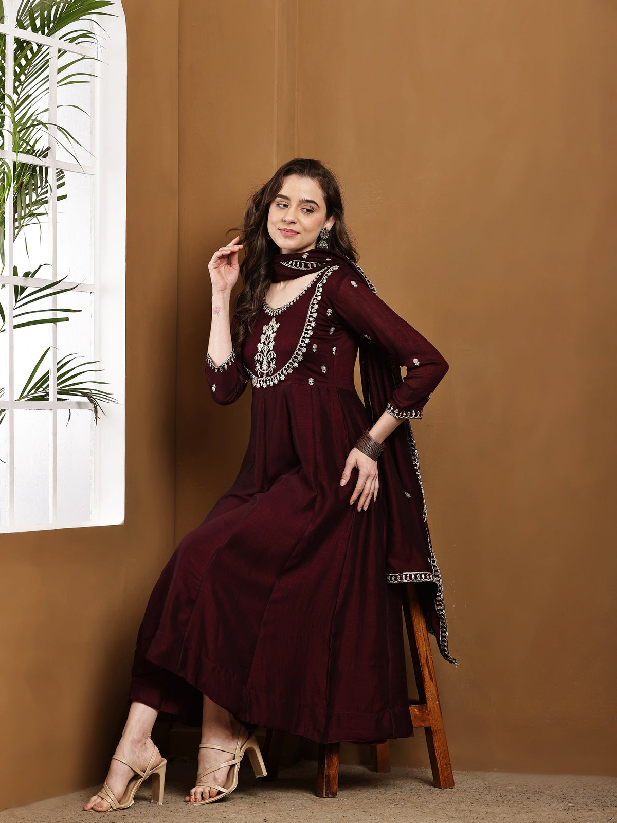 Dwija Fashion Anarkali Kurti Vichitra Silk Embroidered Wine Color Kurti With Pant And Dupatta | Grocsy