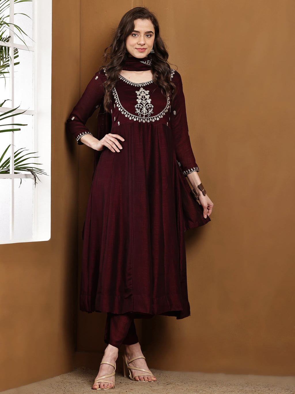 Dwija Fashion Anarkali Kurti Vichitra Silk Embroidered Wine Color Kurti With Pant And Dupatta | Grocsy