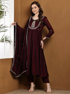 Dwija Fashion Anarkali Kurti Vichitra Silk Embroidered Wine Color Kurti With Pant And Dupatta | Grocsy