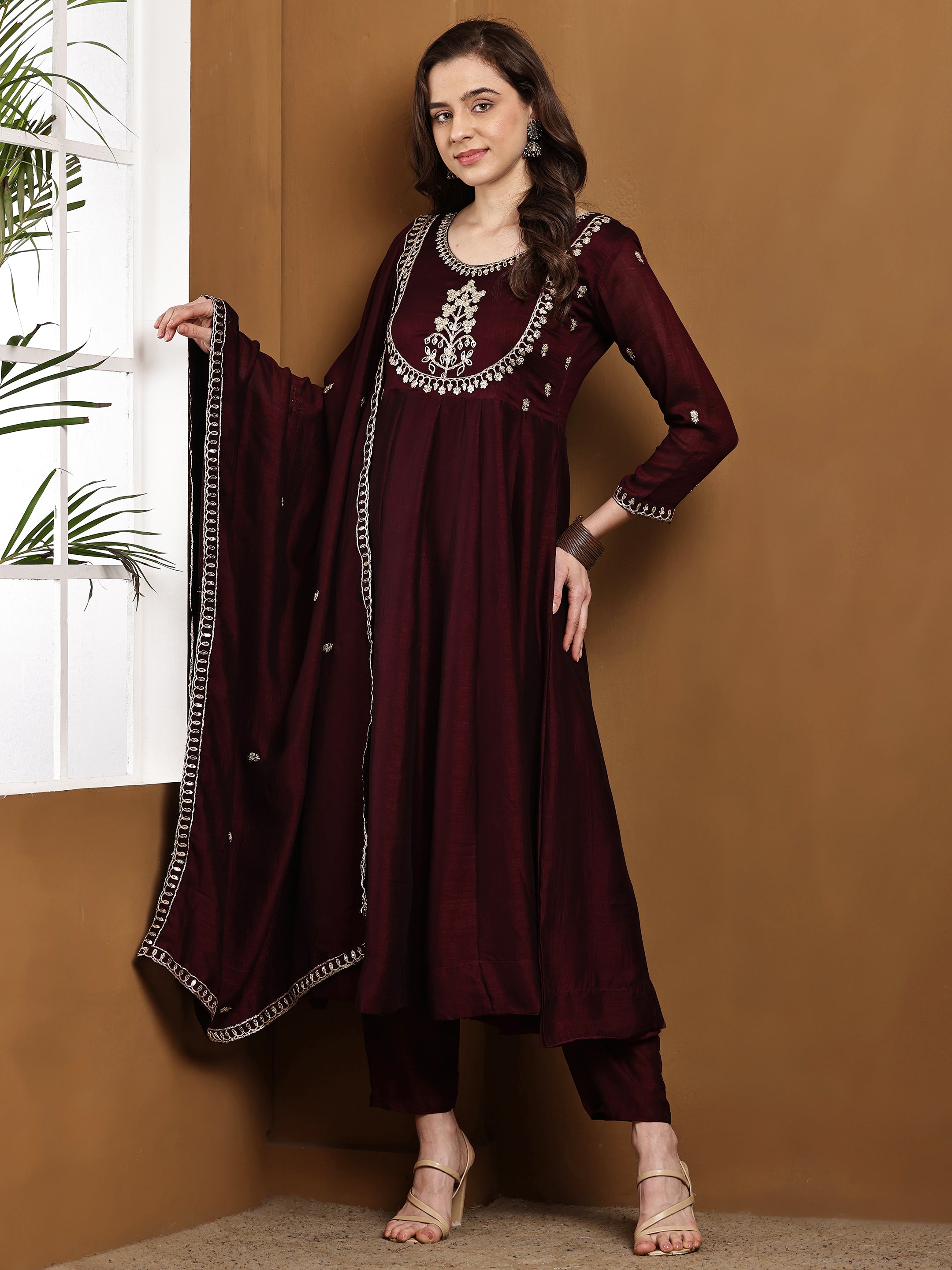 Dwija Fashion Anarkali Kurti Vichitra Silk Embroidered Wine Color Kurti With Pant And Dupatta | Grocsy