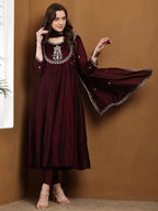 Dwija Fashion Anarkali Kurti Vichitra Silk Embroidered Wine Color Kurti With Pant And Dupatta | Grocsy