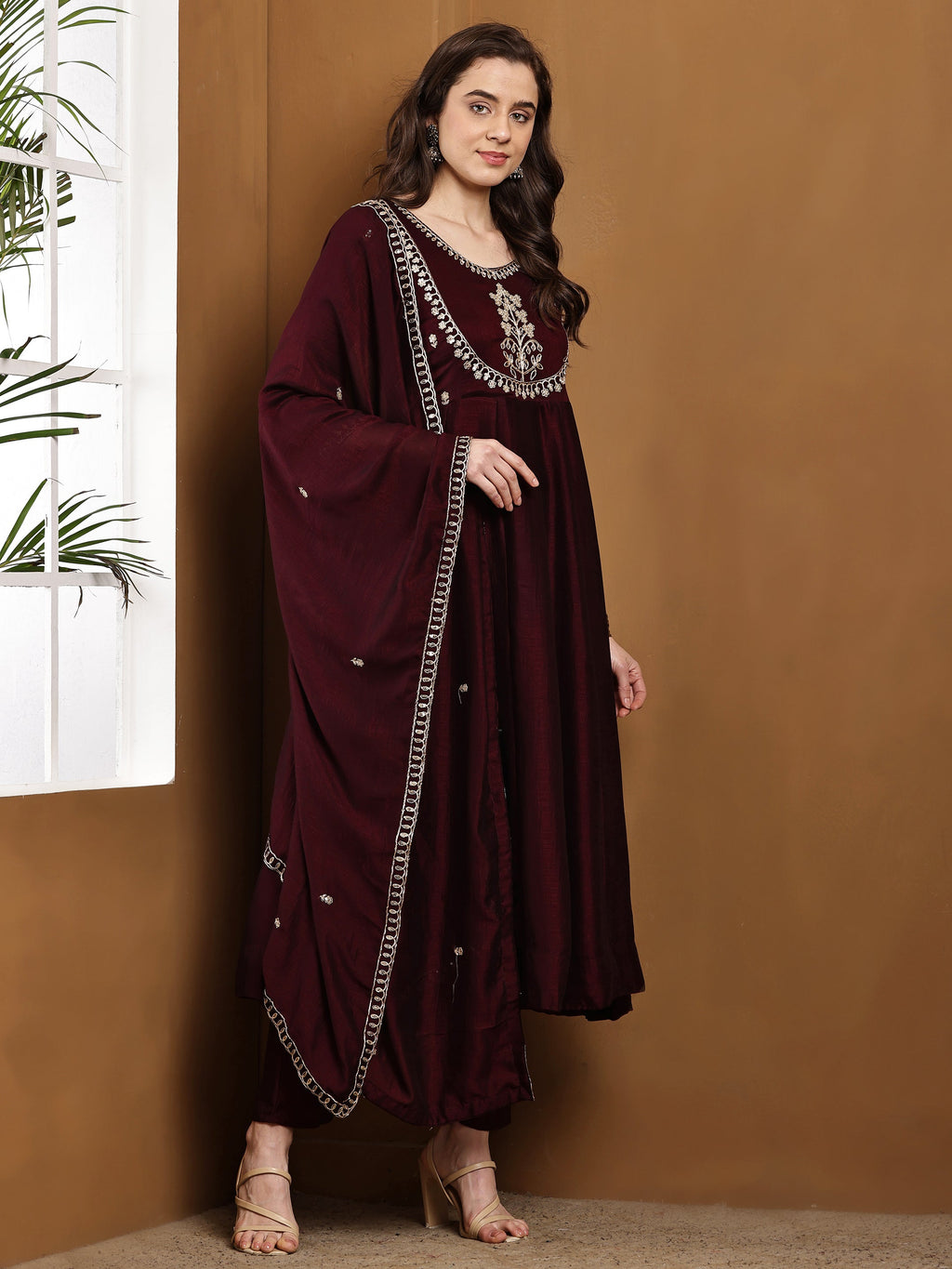 Dwija Fashion Anarkali Kurti Vichitra Silk Embroidered Wine Color Kurti With Pant And Dupatta | Grocsy