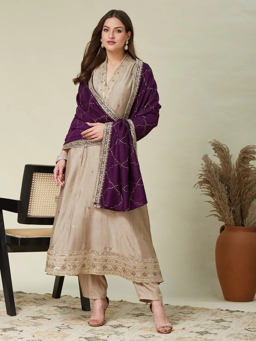 Dwija Fashion Anarkali Kurti Vichitra Silk Embroidered Beige Color Kurti With Pant And Dupatta | Grocsy