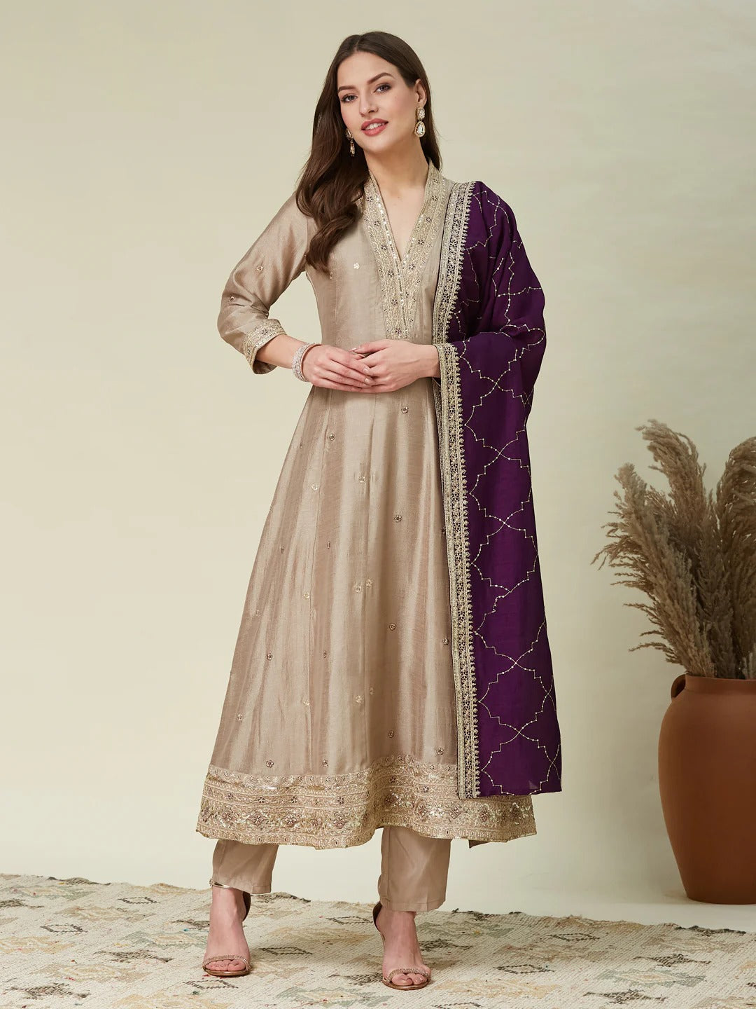 Dwija Fashion Anarkali Kurti Vichitra Silk Embroidered Beige Color Kurti With Pant And Dupatta | Grocsy