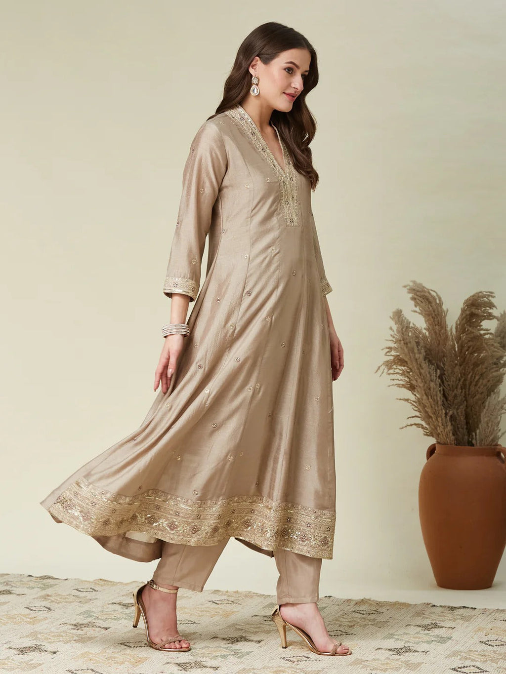Dwija Fashion Anarkali Kurti Vichitra Silk Embroidered Beige Color Kurti With Pant And Dupatta | Grocsy