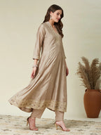 Dwija Fashion Anarkali Kurti Vichitra Silk Embroidered Beige Color Kurti With Pant And Dupatta | Grocsy