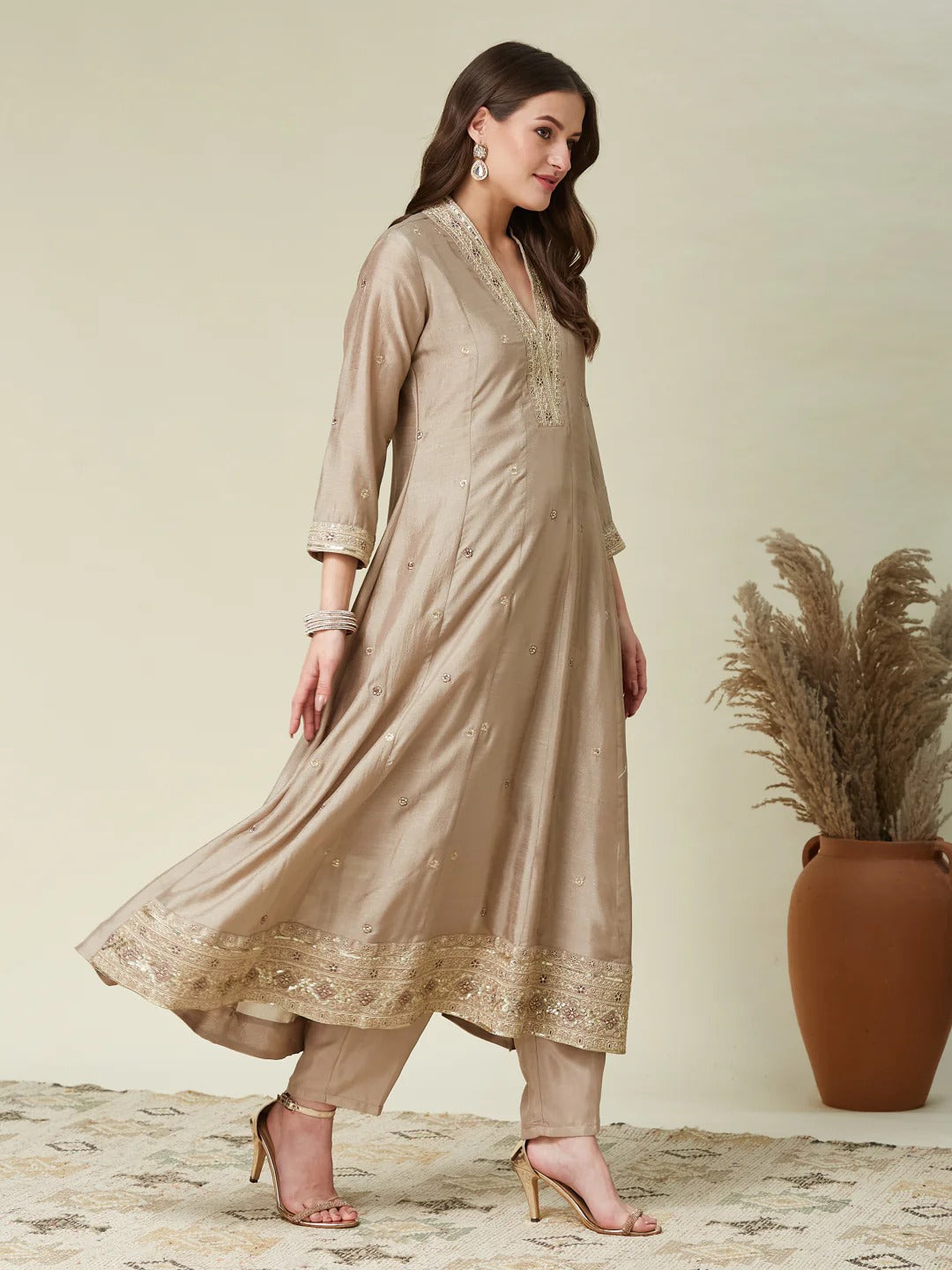 Dwija Fashion Anarkali Kurti Vichitra Silk Embroidered Beige Color Kurti With Pant And Dupatta | Grocsy