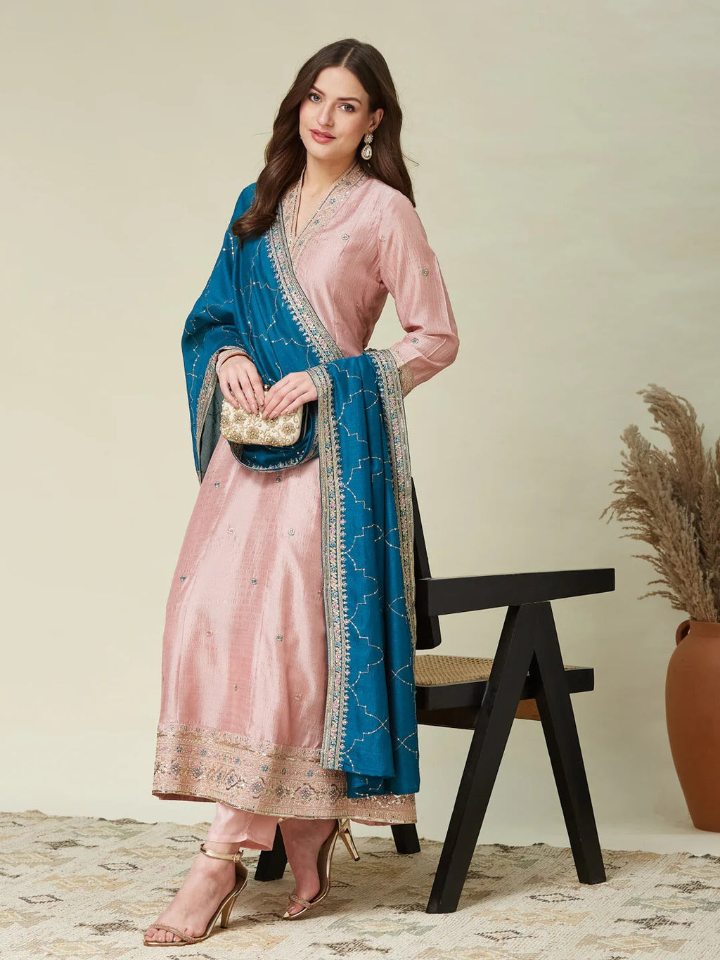 Dwija Fashion Anarkali Kurti Vichitra Silk Embroidered Baby Pink Color Kurti With Pant And Dupatta | Grocsy