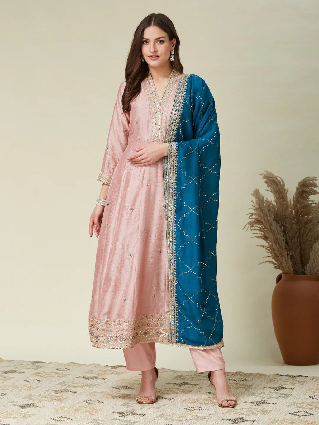 Dwija Fashion Anarkali Kurti Vichitra Silk Embroidered Baby Pink Color Kurti With Pant And Dupatta | Grocsy