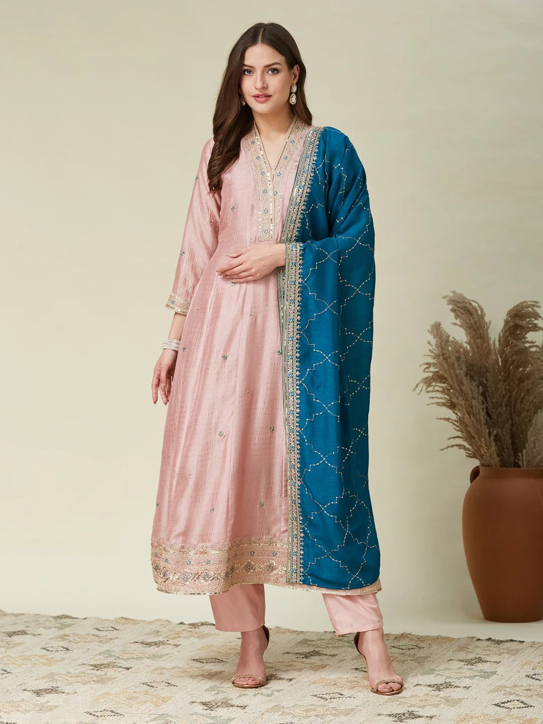 Dwija Fashion Anarkali Kurti Vichitra Silk Embroidered Baby Pink Color Kurti With Pant And Dupatta | Grocsy