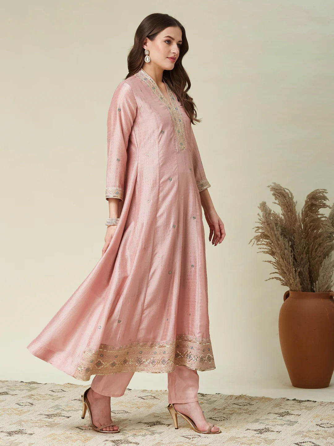 Dwija Fashion Anarkali Kurti Vichitra Silk Embroidered Baby Pink Color Kurti With Pant And Dupatta | Grocsy