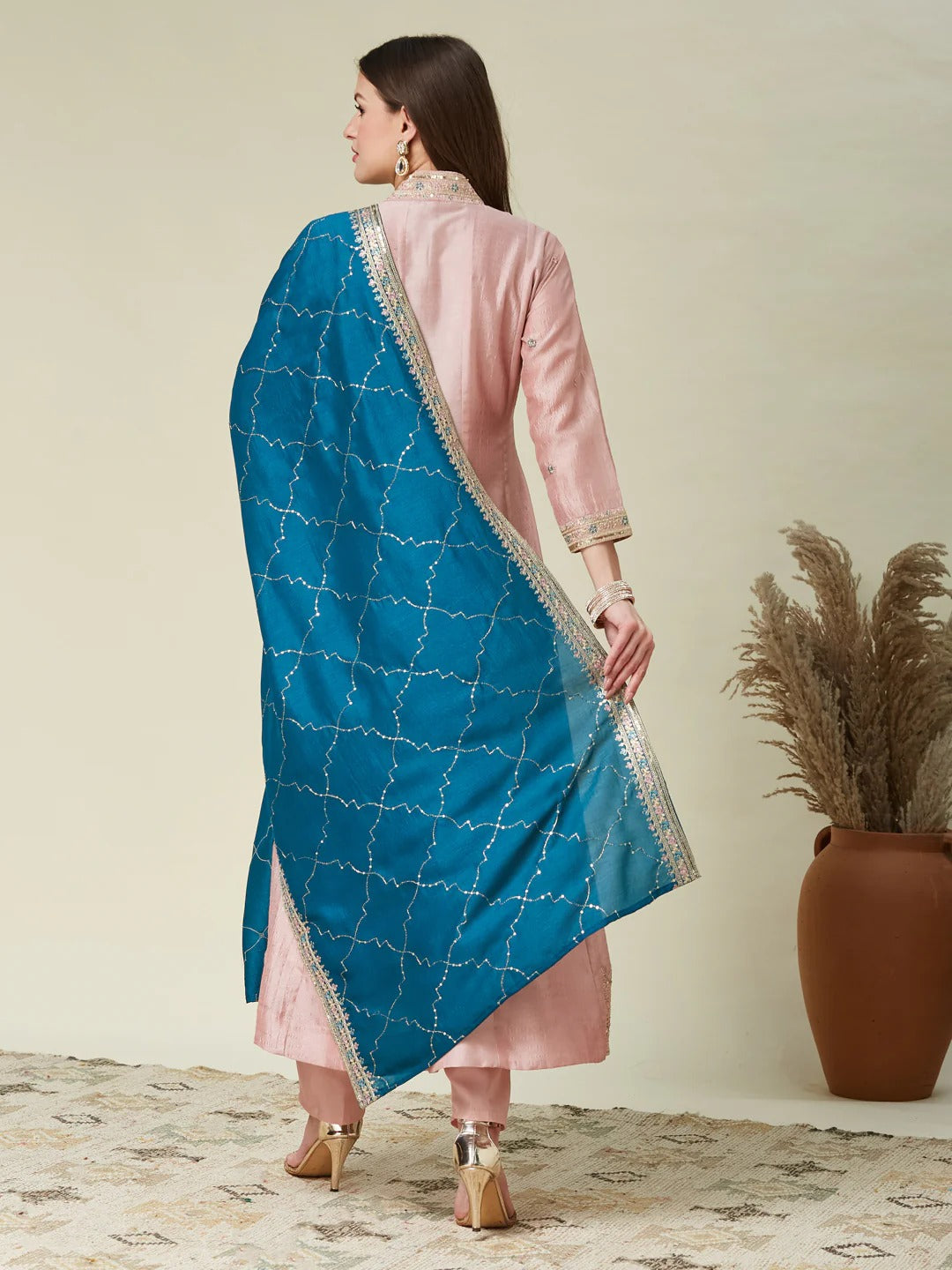 Dwija Fashion Anarkali Kurti Vichitra Silk Embroidered Baby Pink Color Kurti With Pant And Dupatta | Grocsy