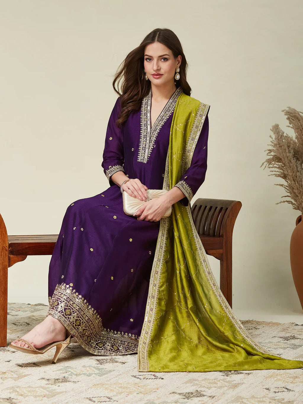 Dwija Fashion Anarkali Kurti Vichitra Silk Embroidered Purple Color Kurti With Pant And Dupatta | Grocsy