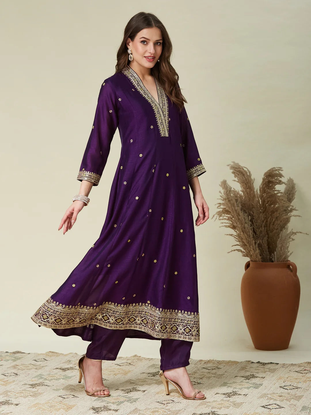 Dwija Fashion Anarkali Kurti Vichitra Silk Embroidered Purple Color Kurti With Pant And Dupatta | Grocsy