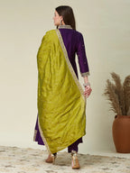 Dwija Fashion Anarkali Kurti Vichitra Silk Embroidered Purple Color Kurti With Pant And Dupatta | Grocsy