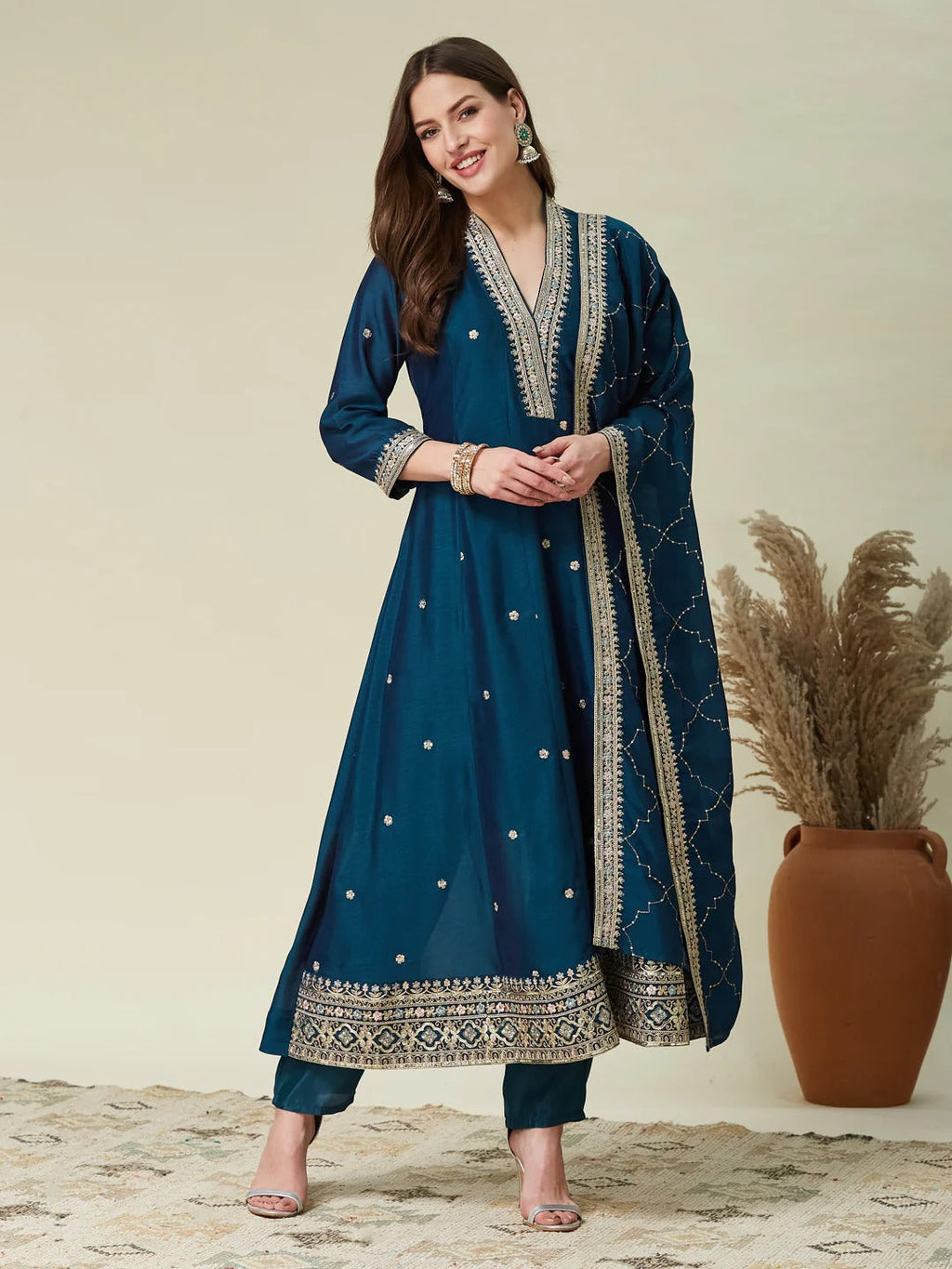 Dwija Fashion Anarkali Kurti Vichitra Silk Embroidered Teal Color Kurti With Pant And Dupatta | Grocsy