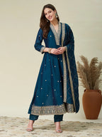 Dwija Fashion Anarkali Kurti Vichitra Silk Embroidered Teal Color Kurti With Pant And Dupatta | Grocsy